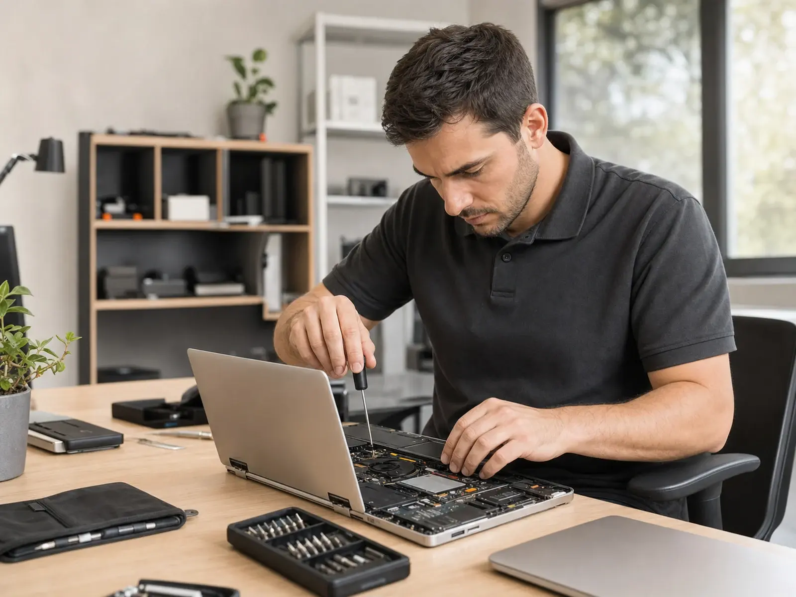 Técnico revisando cuidadosamente una notebook abierta