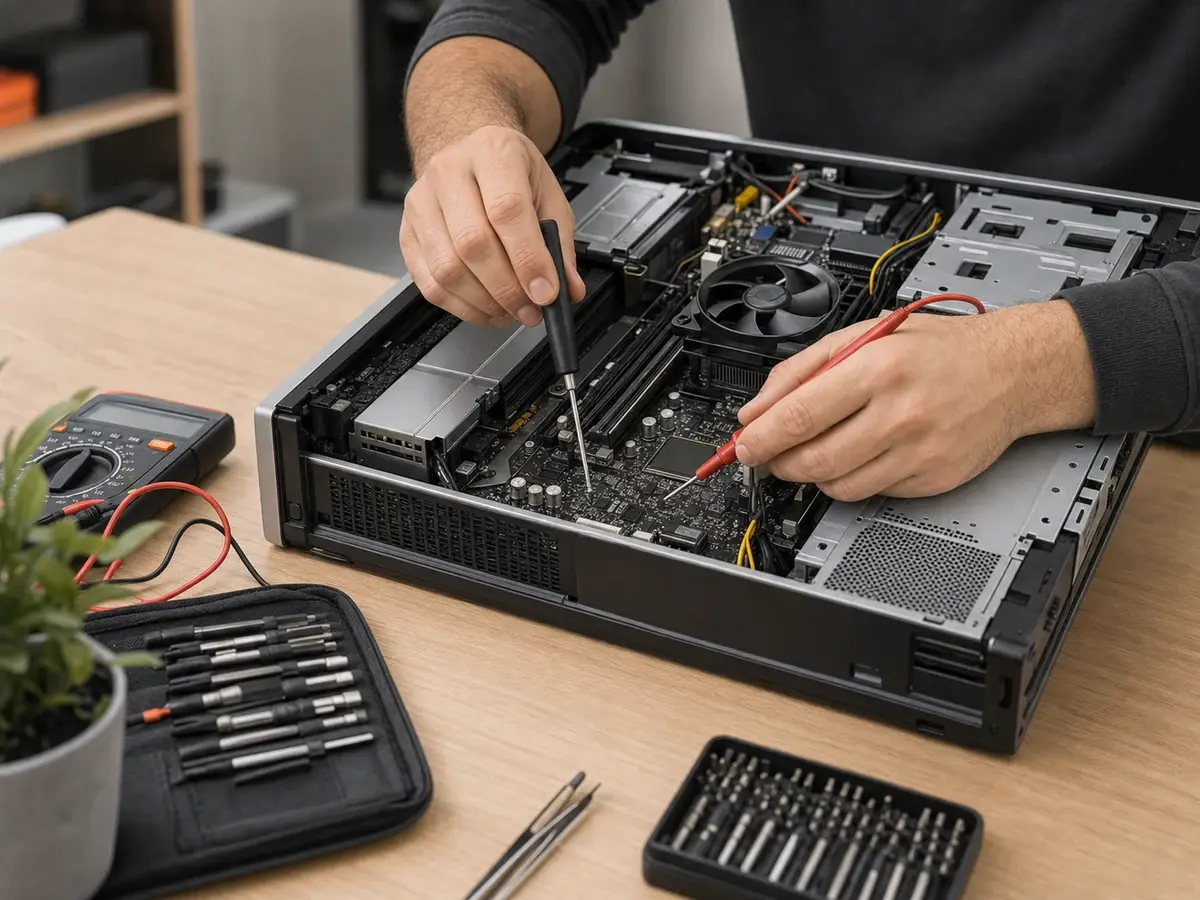 Manos realizando una reparación de precisión sobre un equipo abierto